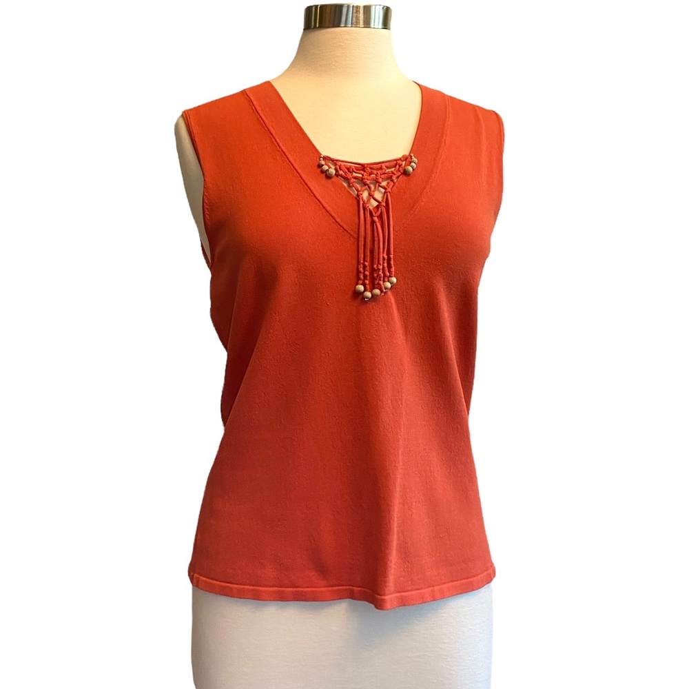 Ilyse Hart Orange Sleeveless Knit Sweater Sz Large Wooden Bead Fringed V Neck